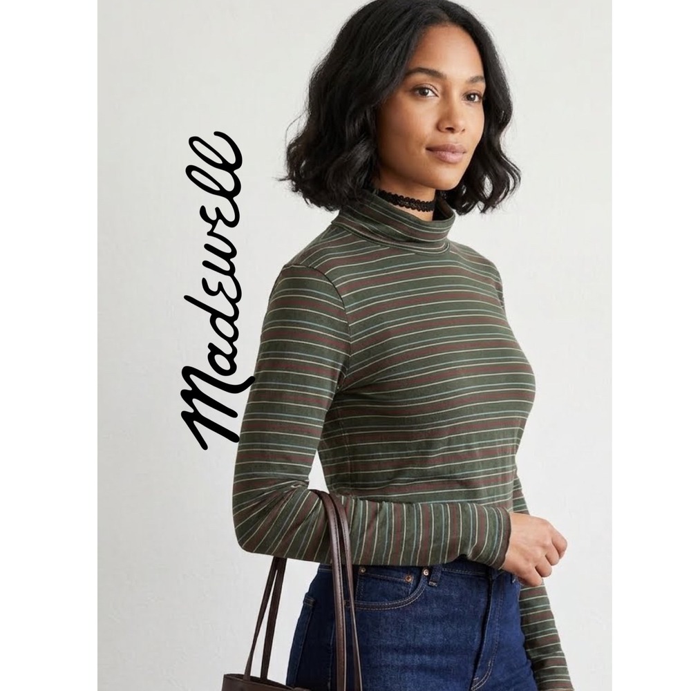 Madewell Olive Green Striped Cotton Turtleneck Long Sleeve Top S Minimalist